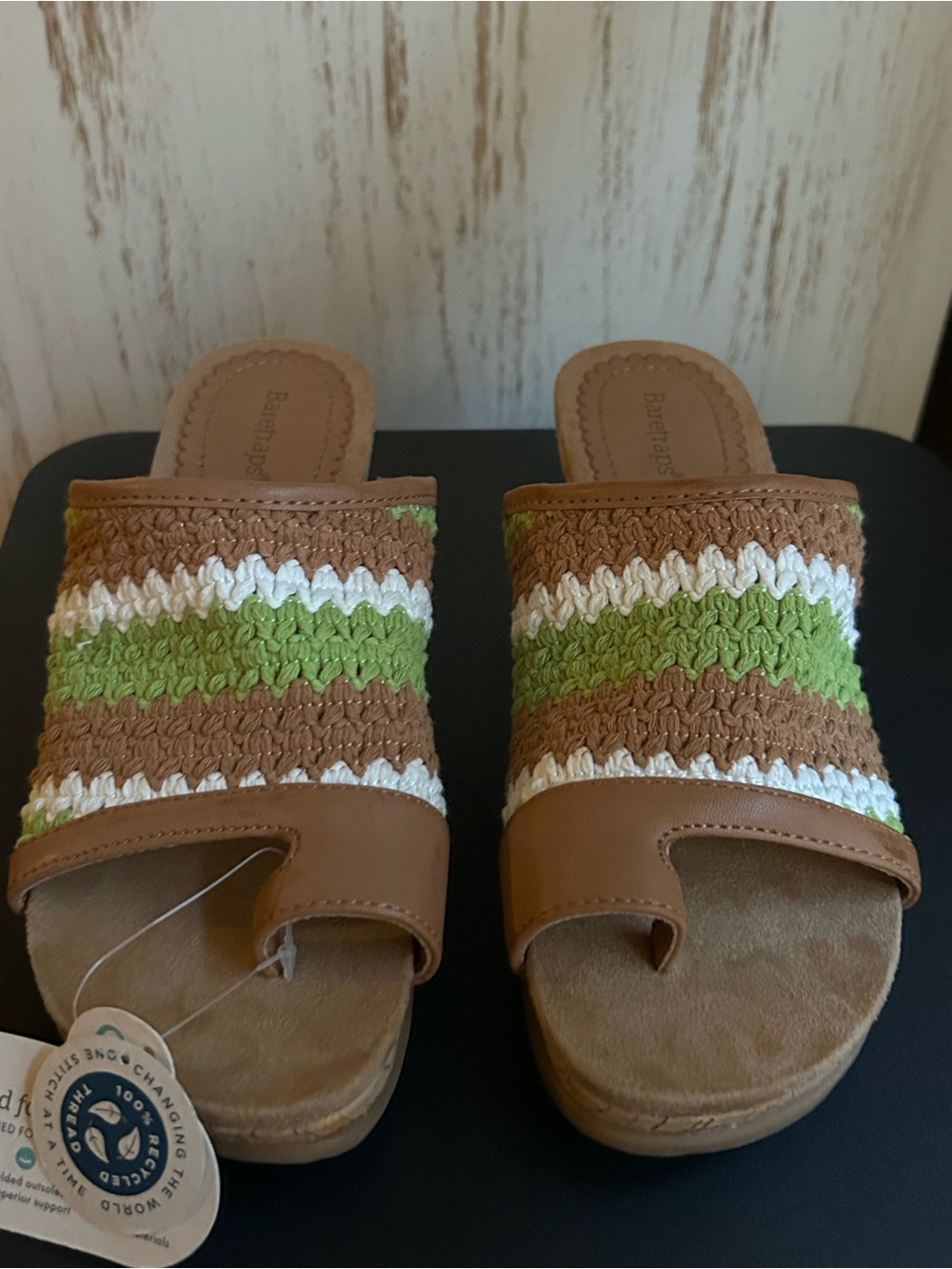 BareTraps Brown Slide Sandals with Green Accent